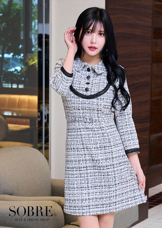 配色ブレードニットツイードワンピース