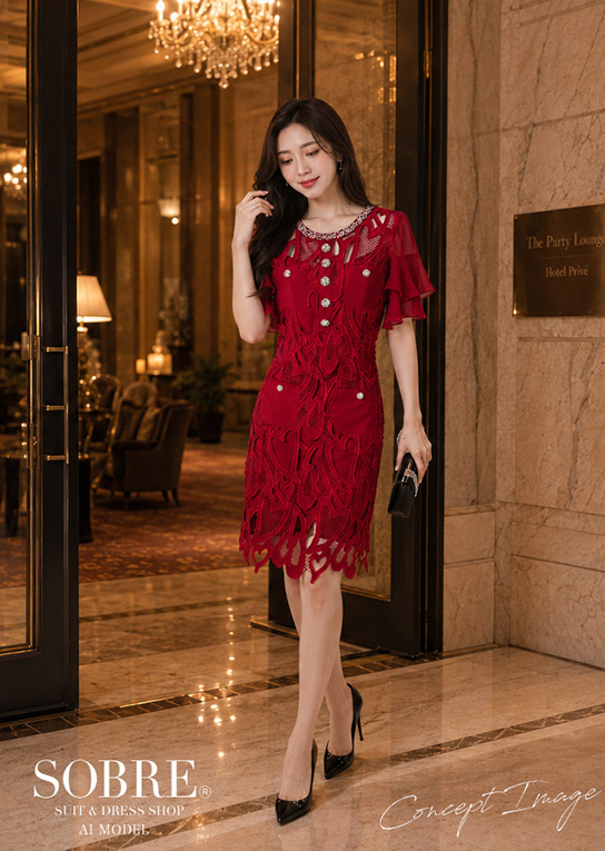 ✨大会着用・豪華ビジュー 赤スタンダードドレス✨ 新品同様の美品です。 予約販売 7月上旬発送】【気品漂う主役感】ビジューレースタイト
